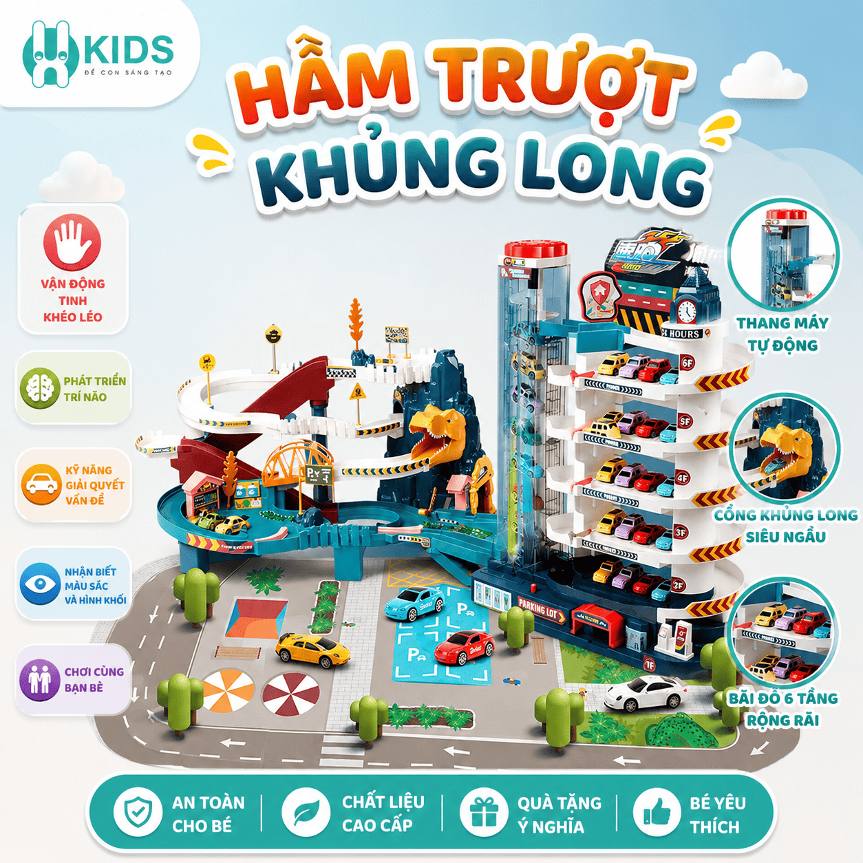 HẦM TRƯỢT KHỦNG LONG – ĐƯỜNG ĐUA SIÊU HOT CHO BÉ , Tặng kèm 4 xe mini