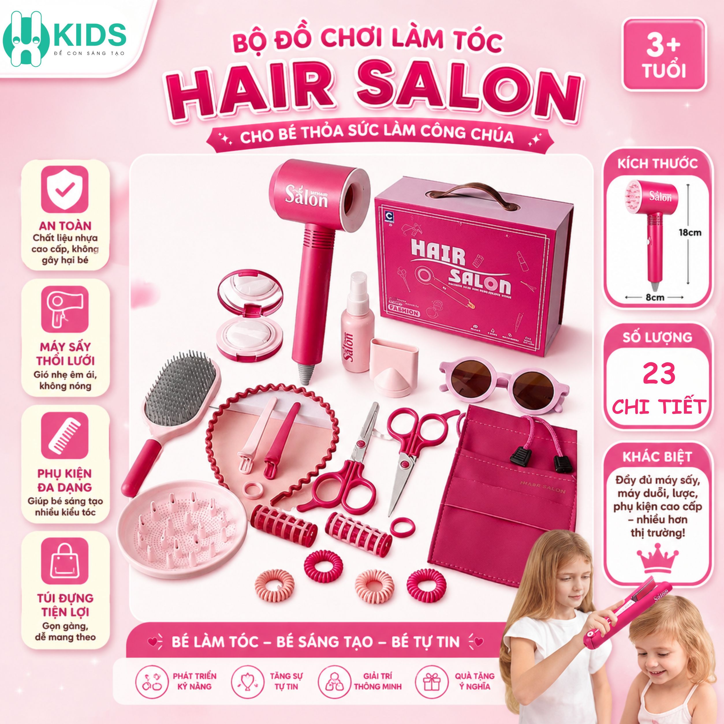 Bộ Đồ Chơi Làm Tóc Cho Bé Hair Salon 23 Chi Tiết Kèm Máy Sấy Và Máy Duỗi Tóc