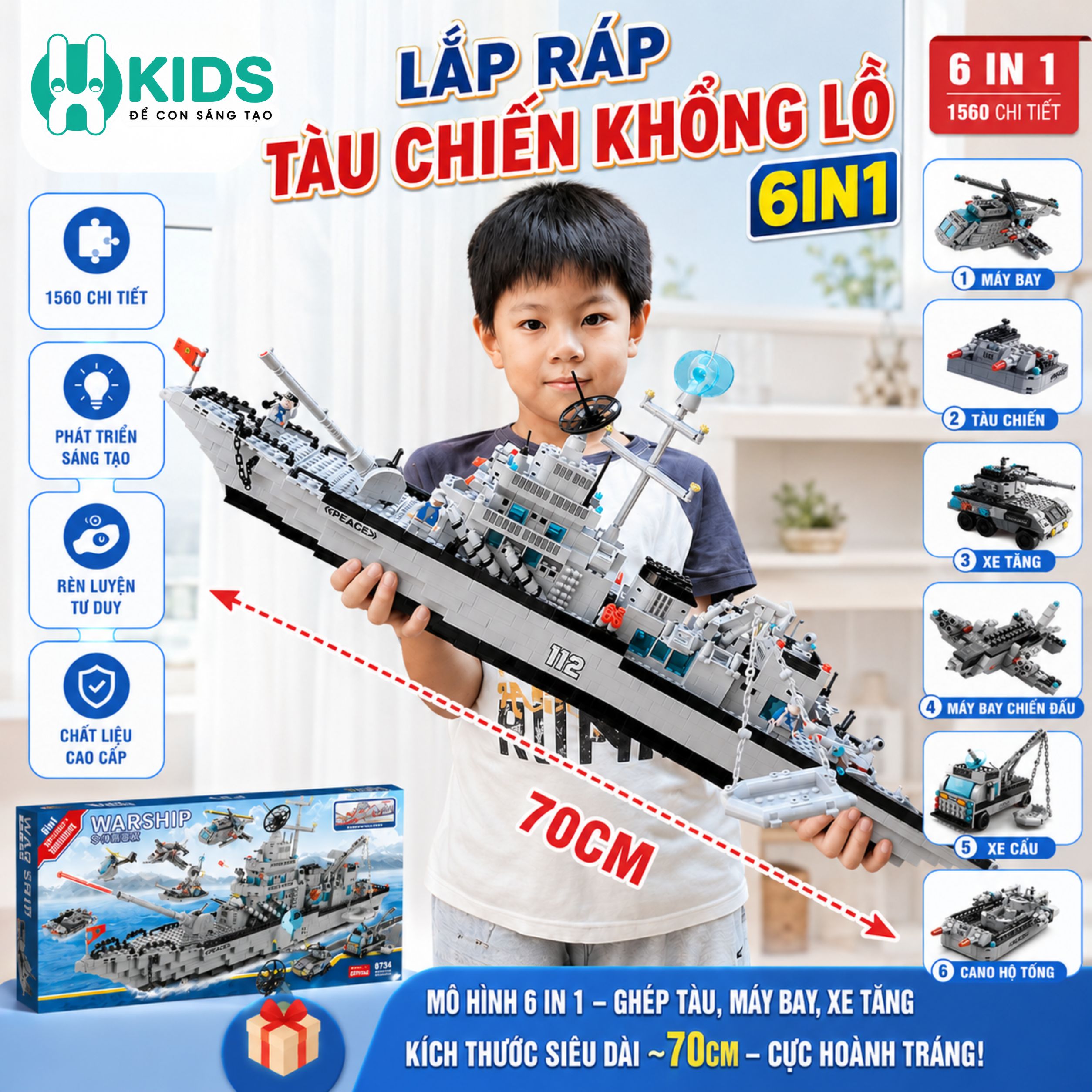 Lắp Tàu Chiến Khổng Lồ, mô hình tàu chiến 6 in 1, ghép máy bay, tàu chiến, xe tăng, giúp bé sáng tạo