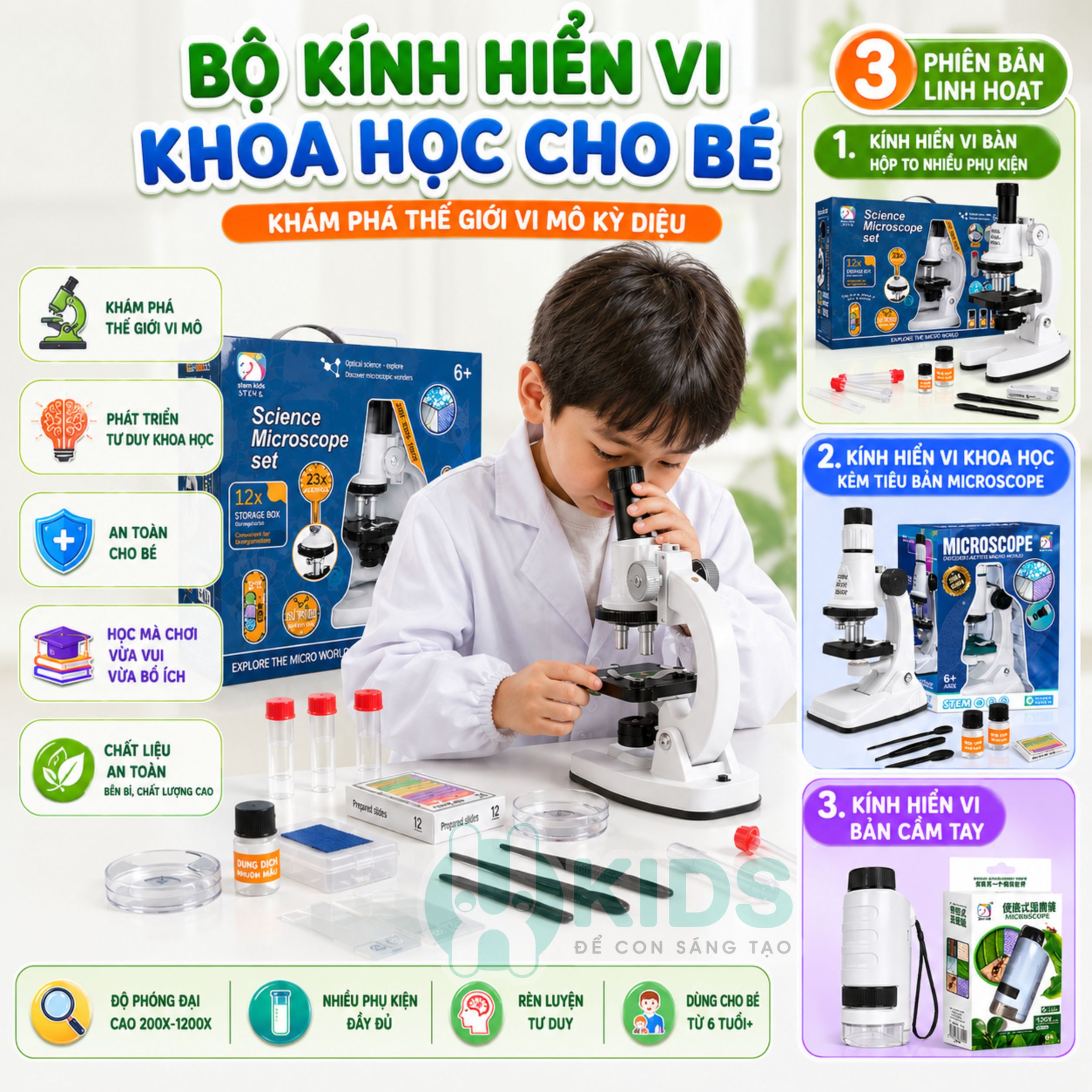 Bộ Kính Hiển Vi Khoa Học STEM Cho Bé 6+ Tuổi Khám Phá Thế Giới Vi Mô