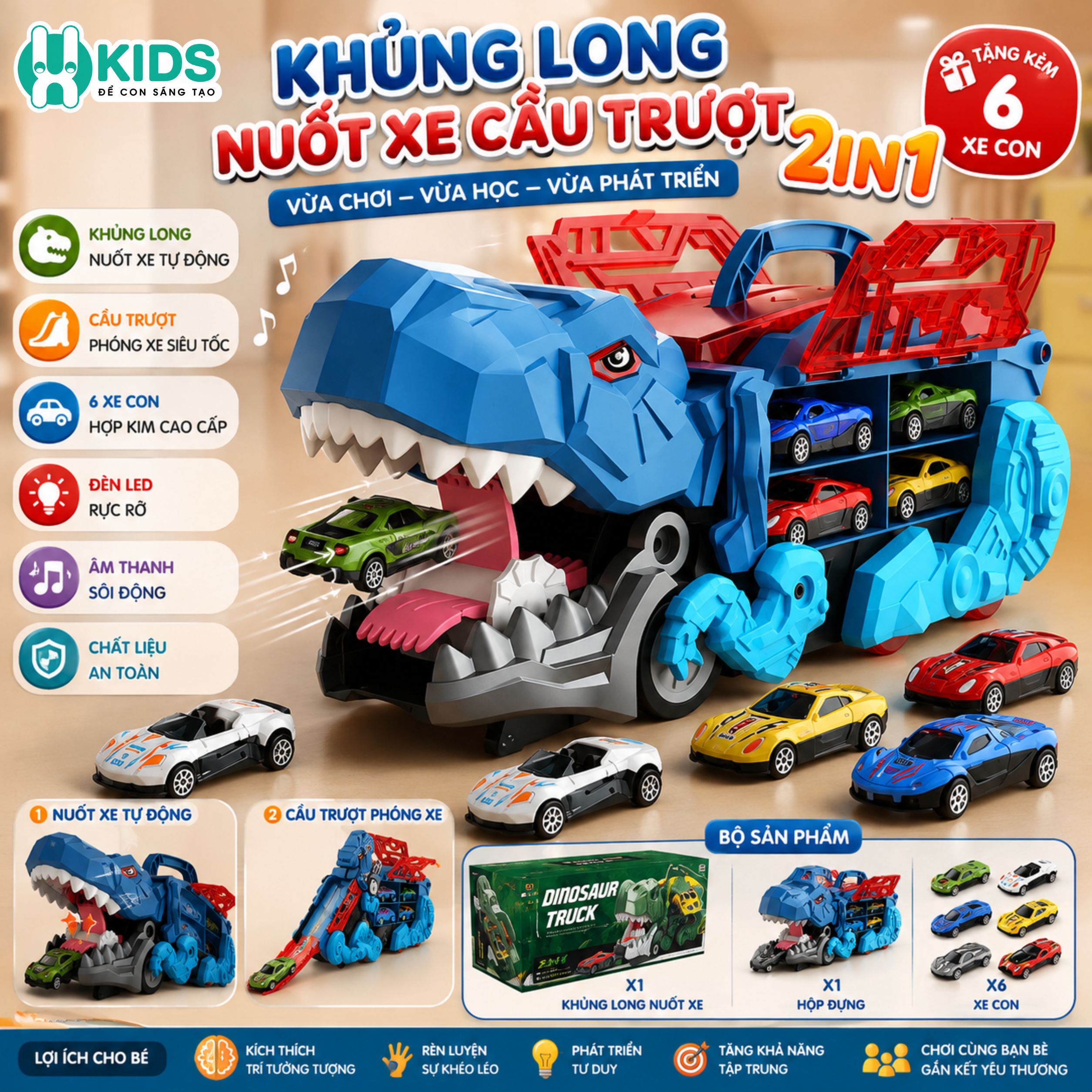 Khủng Long Nuốt Xe Cầu Trượt 2in1 Cho Bé – Tặng Kèm 6 Xe Con