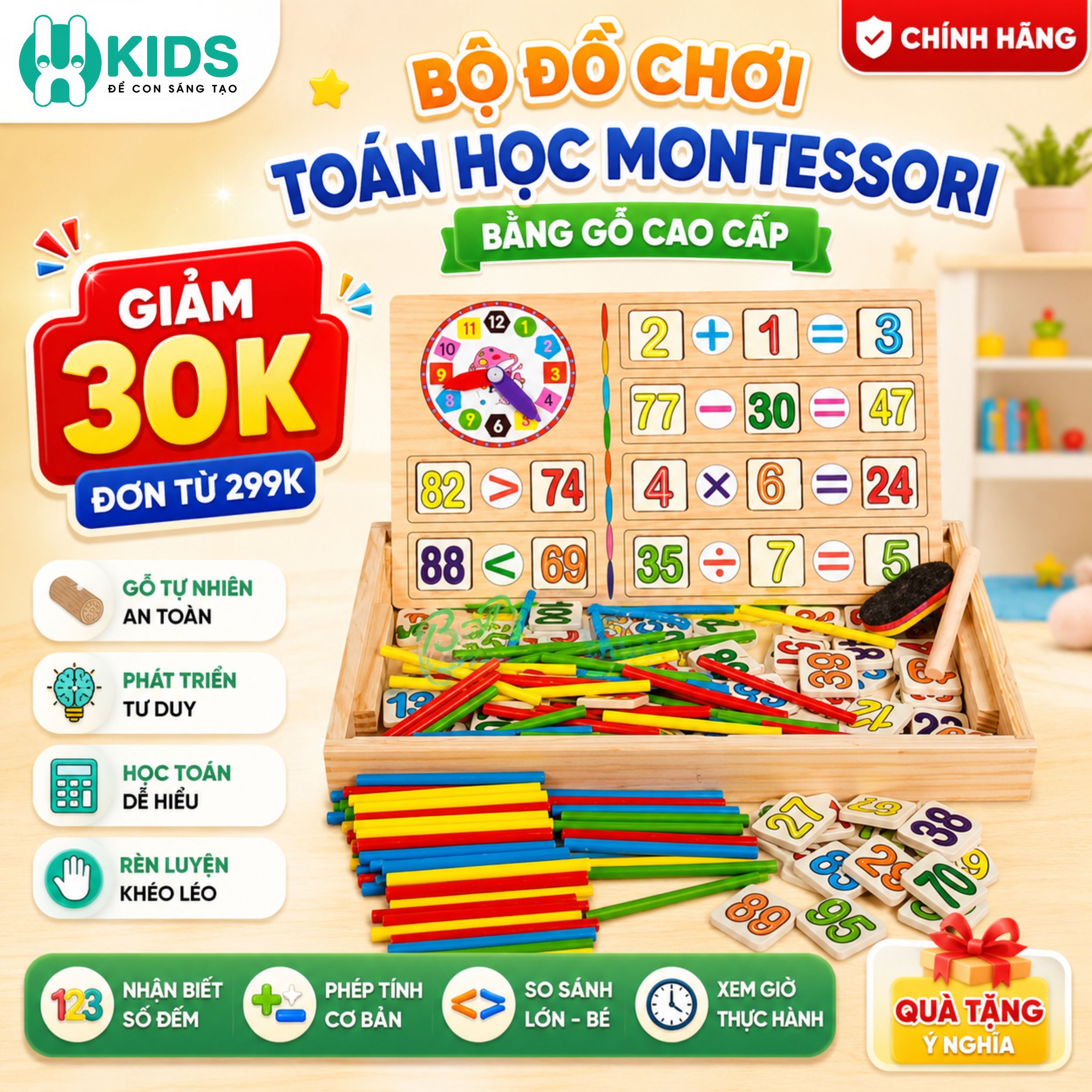 Bộ Đồ Chơi Toán Học Montessori Bằng Gỗ 1-100 Cho Bé