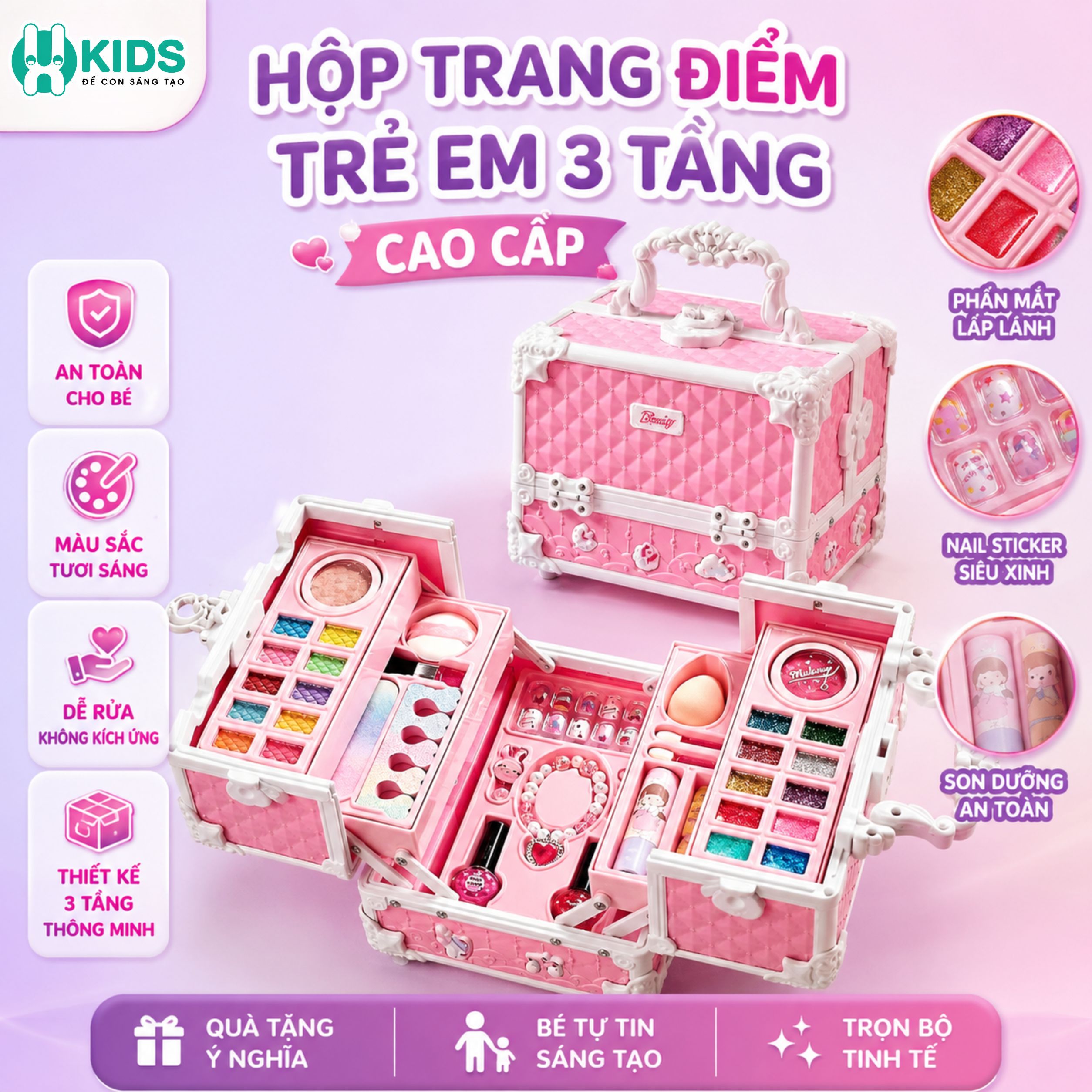 Hộp Trang Điểm Trẻ Em 3 Tầng Cao Cấp – Bộ Đồ Chơi Trang Điểm Công Chúa Có Vali Xách Tay Nhiều Món