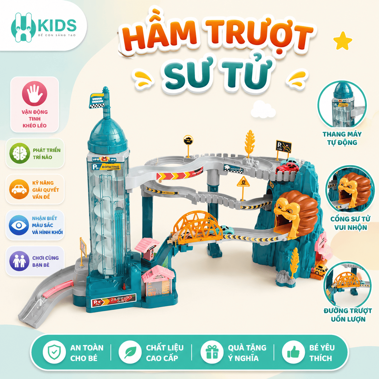 HẦM TRƯỢT SƯ TỬ – ĐƯỜNG ĐUA KẾT HỢP THANG MÁY SIÊU HẤP DẪN, Tặng 4 xe mini