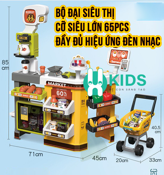 Đồ chơi siêu thị thế hệ mới 65 pcs cỡ đại bự kèm xe đẩy có quầy cà phê máy tính tiền, quẹt thẻ có nhạc cho bé