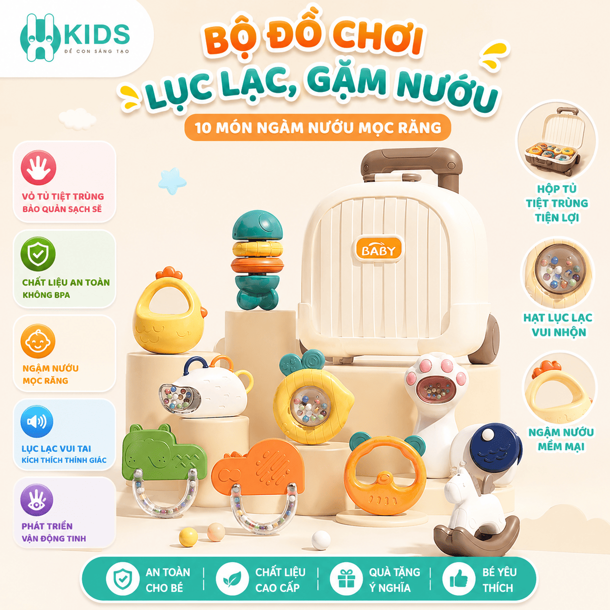 Bộ đồ chơi xúc xắc, gặm nướu mọc răng, lục lạc 10 món cao cấp kèm vali đựng có thể đun sôi tiệt trùng cho bé sơ sinh