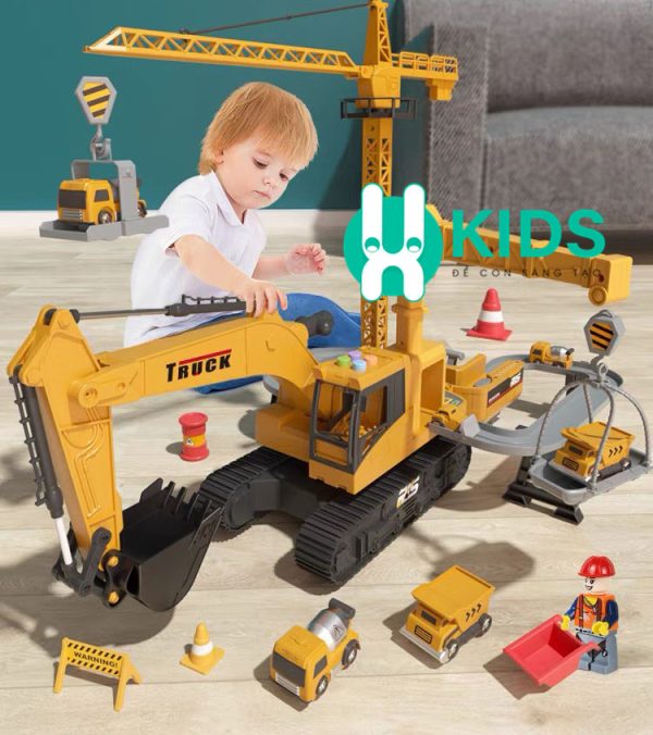 Đồ chơi máy xúc, xe cẩu cỡ lớn biến hình đa chức năng kèm nhiều xe xây dựng công trường có đèn nhạc vui nhộn cho bé
