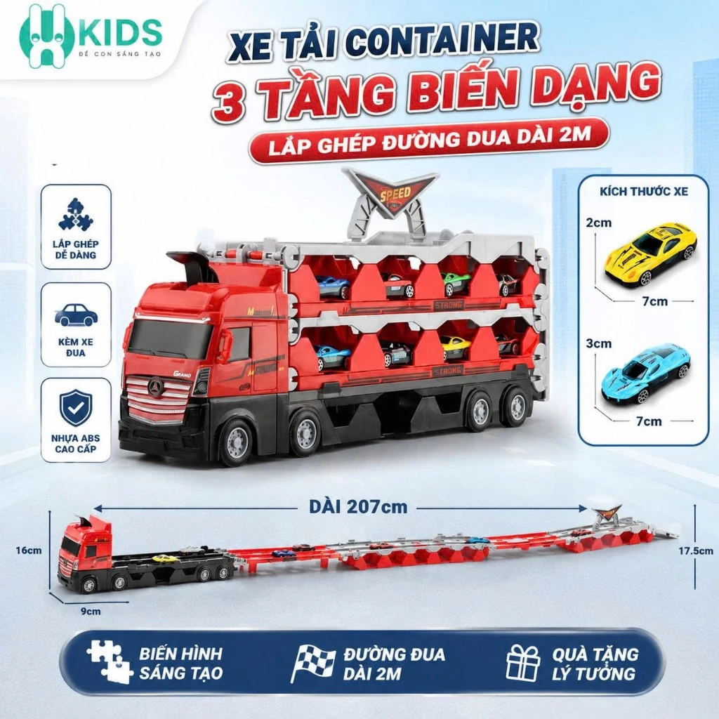 Xe tải container 3 tầng biến dạng – Đường đua ô tô dài hơn 2m | XKids
