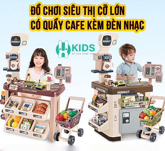 Đồ chơi siêu thị bán hàng size to lớn 64pcs kèm xe đẩy có quầy pha cafe, quầy tính tiền, máy quẹt thẻ có đèn nhạc cho bé