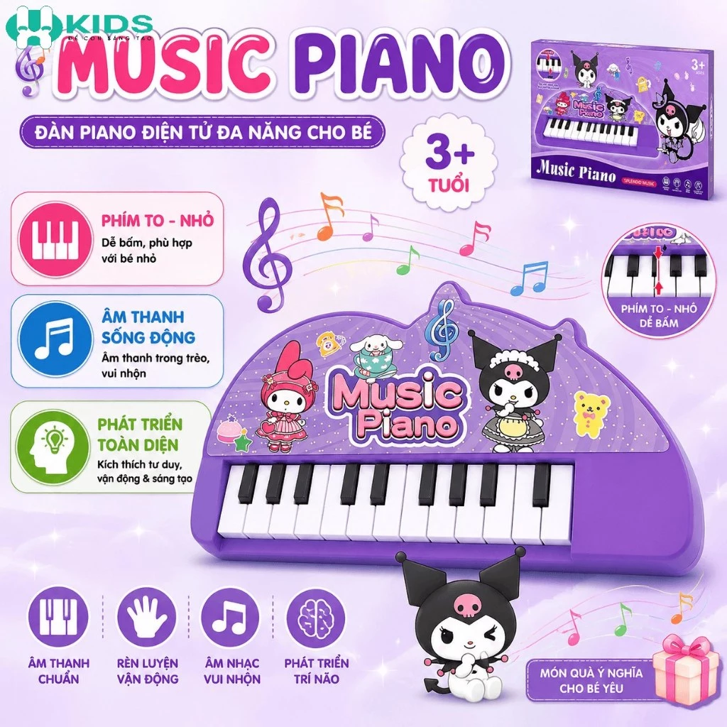 Đàn Piano Điện Tử Kuromi 22 Phím, Đàn Organ Mini Phát Nhạc Cho Bé Từ 3 Tuổi