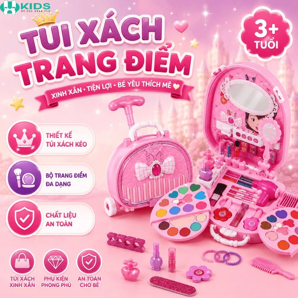 Túi Xách Trang Điểm Cho Bé, Bộ Makeup Có Gương, Phấn Màu, Son Và Phụ Kiện Làm Móng