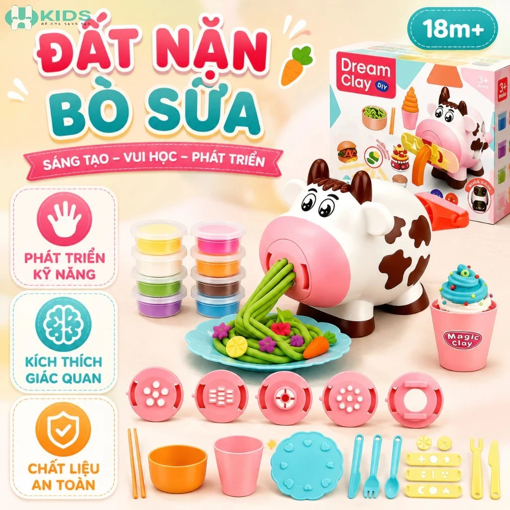 Bộ Đất Nặn Bò Sữa Tạo Hình, Máy Ép Mì Kèm Khuôn Và Đất Nặn Nhiều Màu Cho Bé