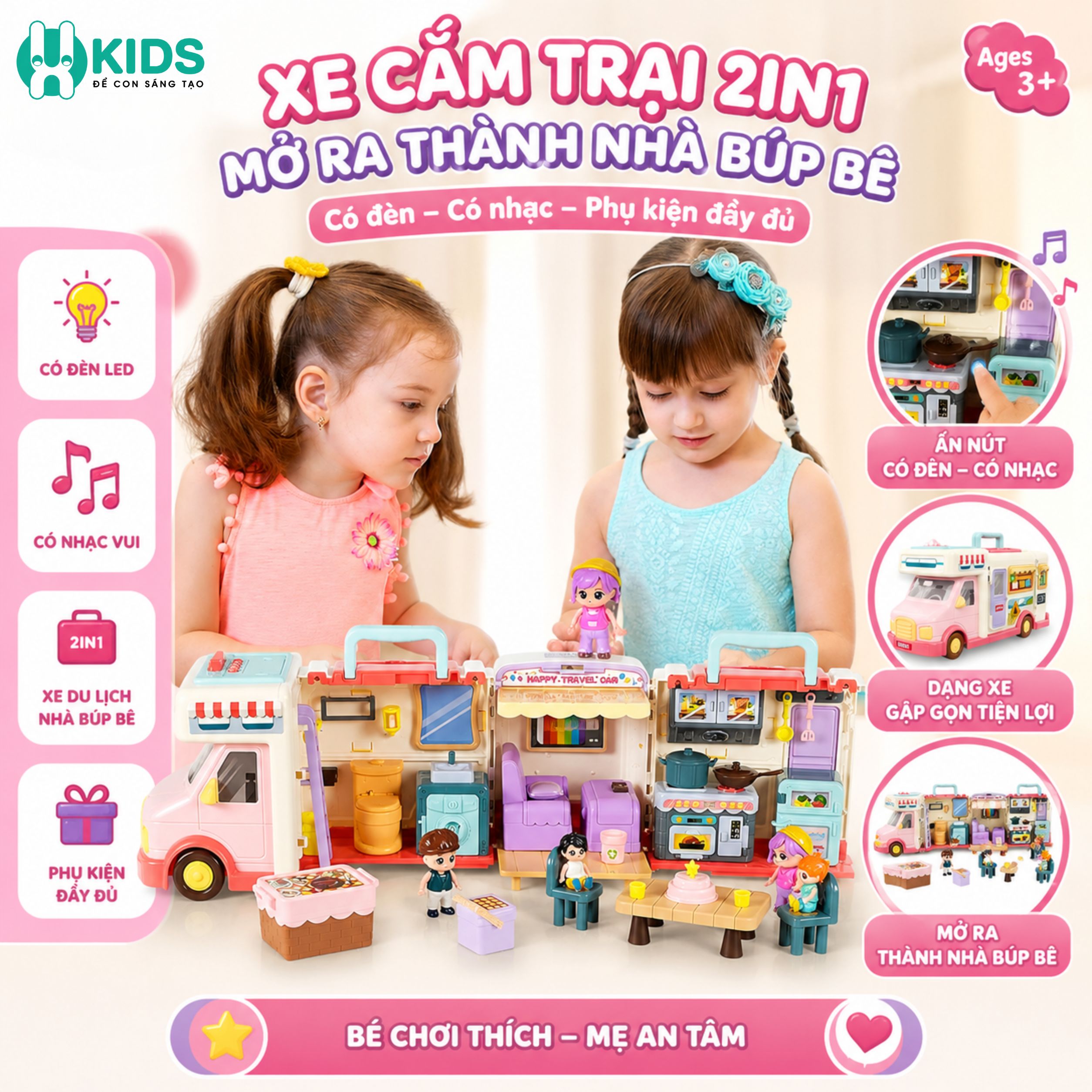 Xe cắm trại mở ra thành ngôi nhà búp bê có đèn nhạc – đồ chơi xe du lịch 2in1 cho bé gái siêu xinh