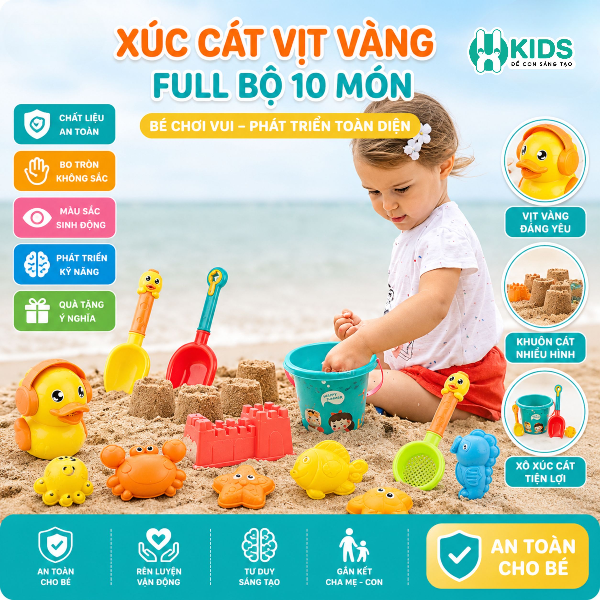 Xô Xúc Cát Đi Biển 18 Món Cho Bé – Bộ Đồ Chơi Cát Hình Vịt Dễ Thương Kèm Xẻng, Khuôn, Xô