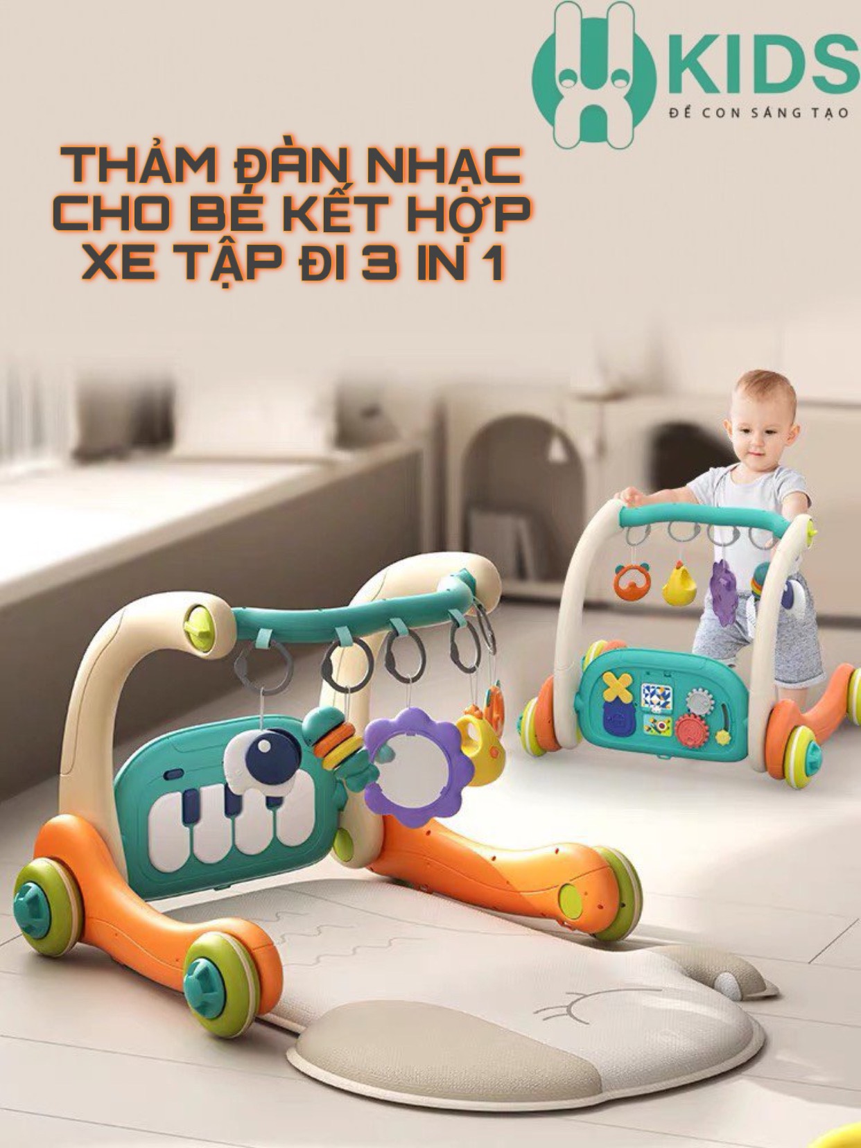 Thảm đạp nhạc, thảm nhạc nằm chơi cho bé sơ sinh đa năng kết hợp xe tập đi 3in1 có phím đàn piano cho trẻ em