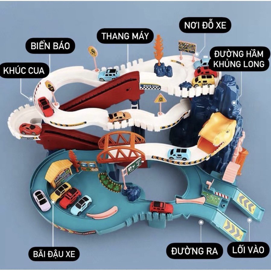 Full Bộ Đồ Chơi Đường Đua Khủng Long Siêu Tốc Kết Hợp Garage 5 Tầng Cho bé