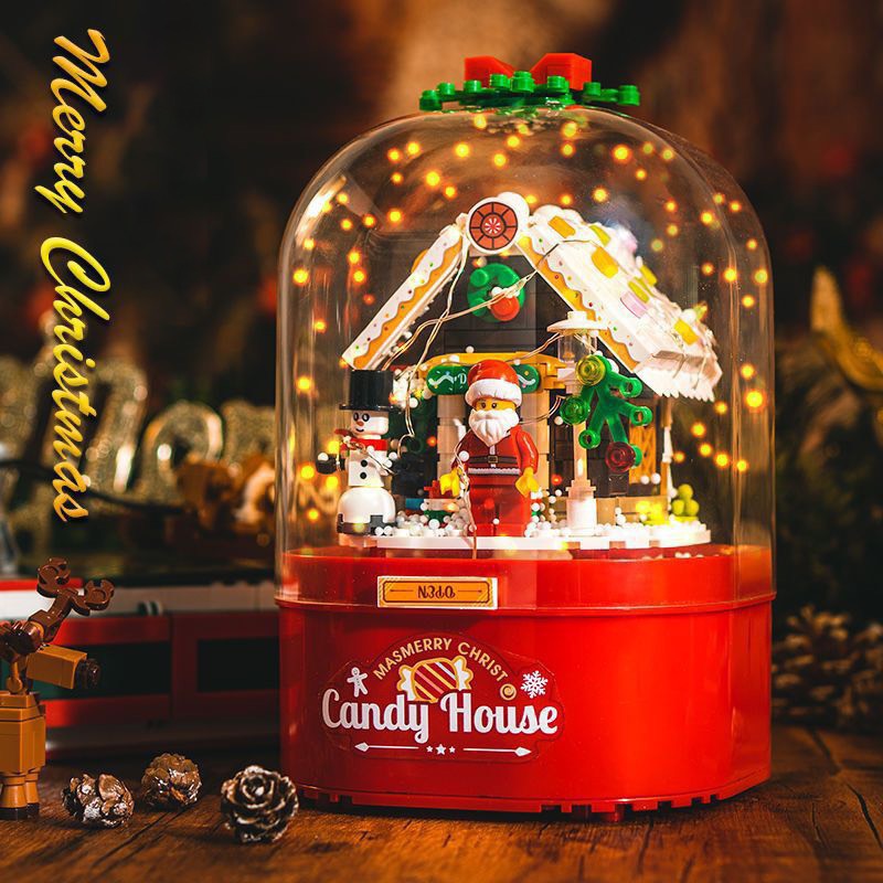 Hộp nhạc giáng sinh lắp ghép xếp hình người tuyết, cây thông noel có tuyết rơi tự động xoay 360 độ và đèn bắt mắt