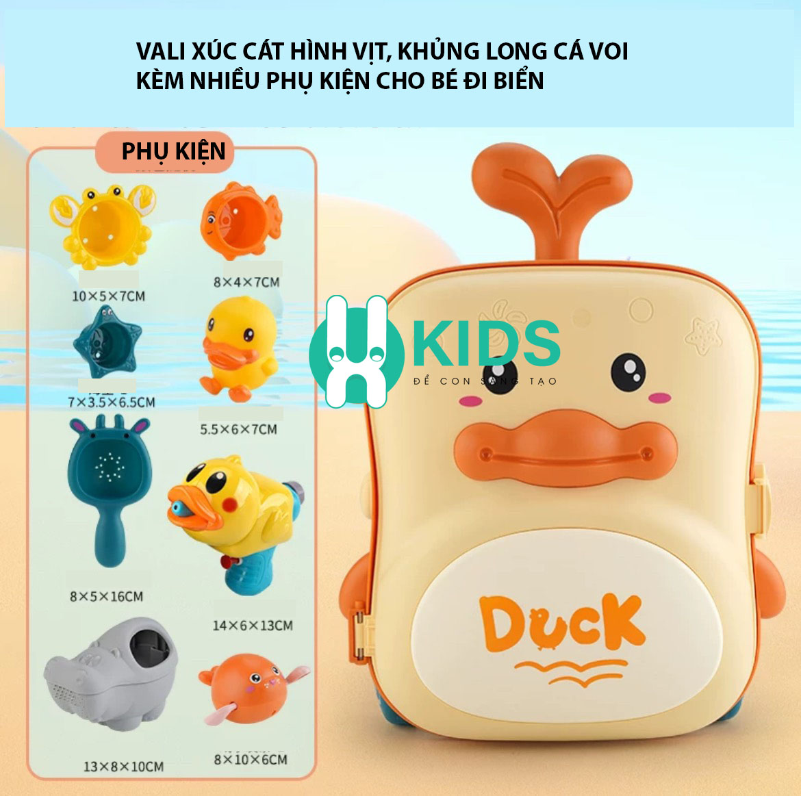 Đồ chơi vali xúc cát hình vịt, khủng long, cá voi cỡ lớn cho bé trai bé gái đi biển nghịch nước nhà tắm nhiều phụ kiện