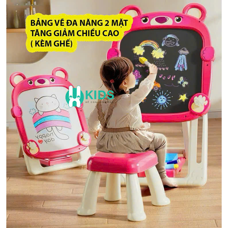 Bảng vẽ sáng tạo đa năng 2 mặt kèm ghế có thể thay đổi chiều cao, gấp gọn tiện lợi, đủ bộ bút tô màu hình gấu cho bé