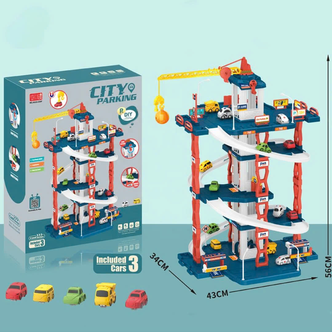 Đồ Chơi Bãi Đỗ Xe 3 Tầng Cho Bé Kèm 3 Xe – Đường Ray Ô Tô City Parking Có Cần Cẩu, Lắp Ráp DIY