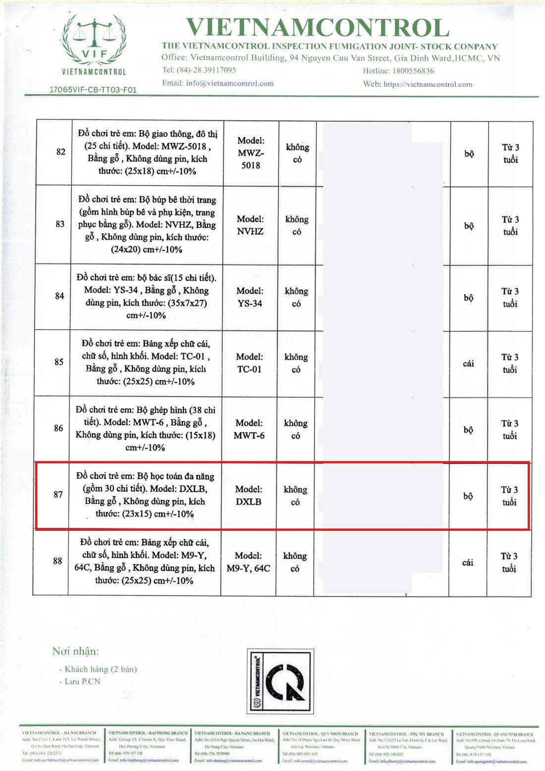 Giấy chứng nhận hợp quy VIC/26.HQ/9.20.0610 – dòng sản phẩm Bộ Đồ Chơi Toán Học Montessori Bằng Gỗ 1-100 Cho Bé – Mã DXLB