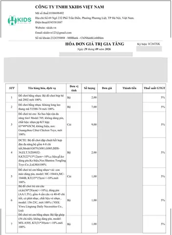 Hoá đơn VAT điện tử XKIDS xuất cho đơn sỉ đồ chơi, thuế suất 5%