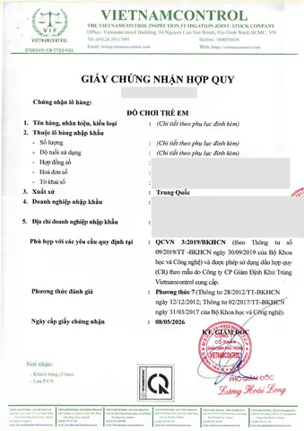 Giấy chứng nhận hợp quy lô đồ chơi trẻ em theo QCVN 3:2019/BKHCN