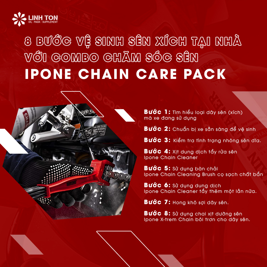 8 bước vệ sinh sên xích tại nhà với combo chăm sóc sên Ipone Chain Care Pack 