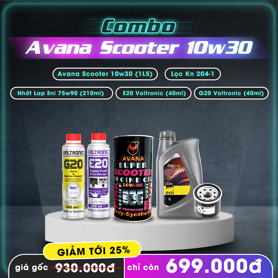 Combo nhớt Sh350i Avana Scooter 10w30 + phụ gia chăm sóc xe + lọc nhớt Kn 204-1