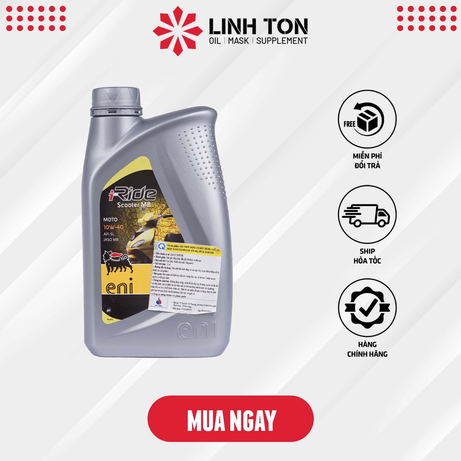 Nhớt nhập khẩu Eni I-Ride Scooter MB 10W40 cho xe tay ga 1L