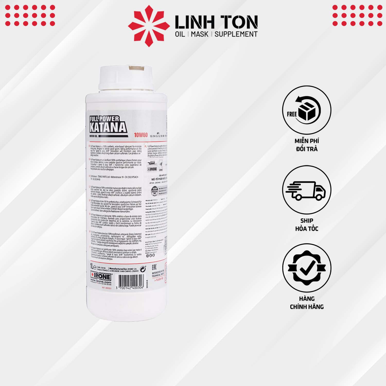 Nhớt xe mô tô, xe côn tay và xe số 4T tổng hợp gốc Ester Ipone Full Power Katana 10w60 (1L)