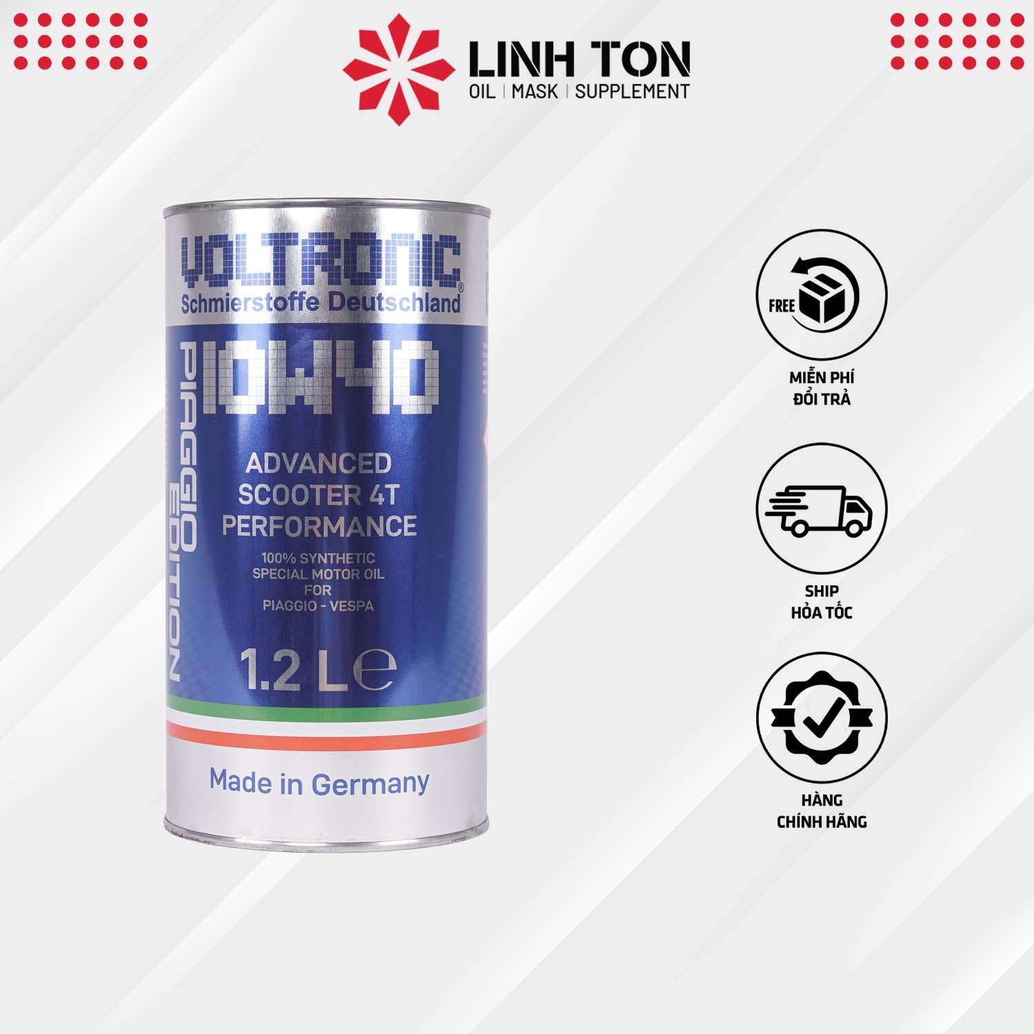 Nhớt tổng hợp VOLTRONIC ADVANCED SCOOTER 4T PERFORMANCE 10W40 1.2l chuyên dành cho xe piaggio, vespa nhập khẩu Đức