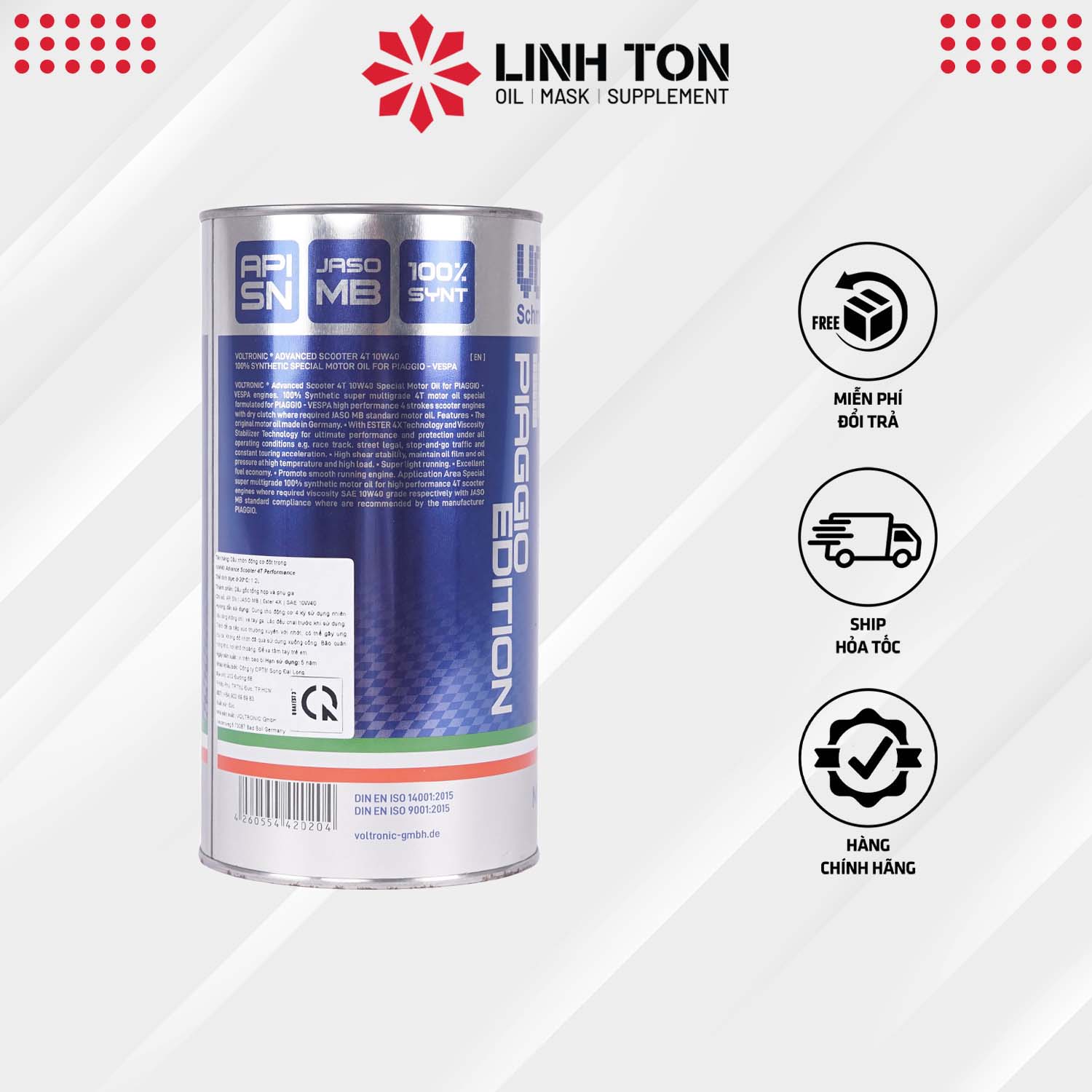 Nhớt tổng hợp VOLTRONIC ADVANCED SCOOTER 4T PERFORMANCE 10W40 1.2l chuyên dành cho xe piaggio, vespa nhập khẩu Đức