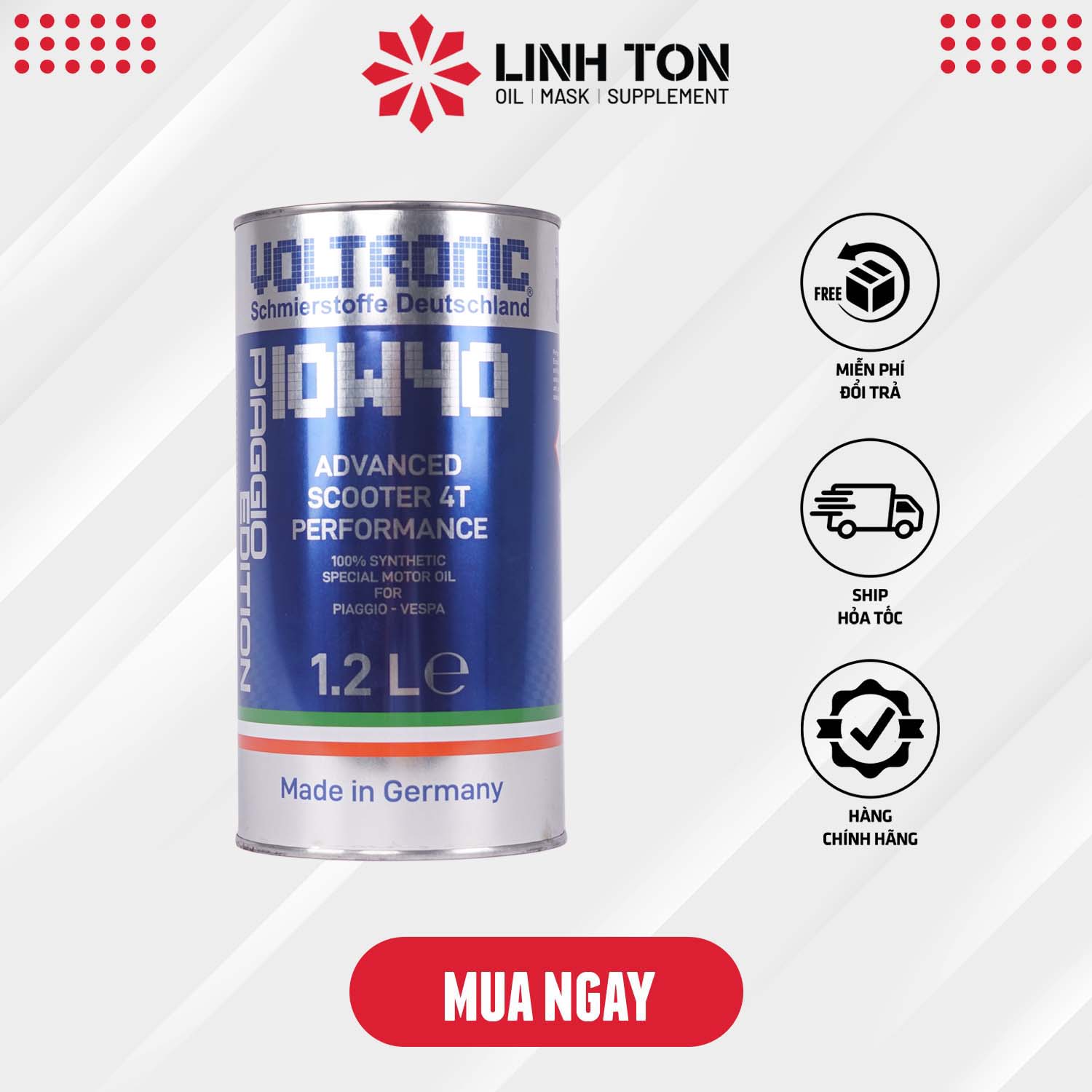 Nhớt tổng hợp VOLTRONIC ADVANCED SCOOTER 4T PERFORMANCE 10W40 1.2l chuyên dành cho xe piaggio, vespa nhập khẩu Đức