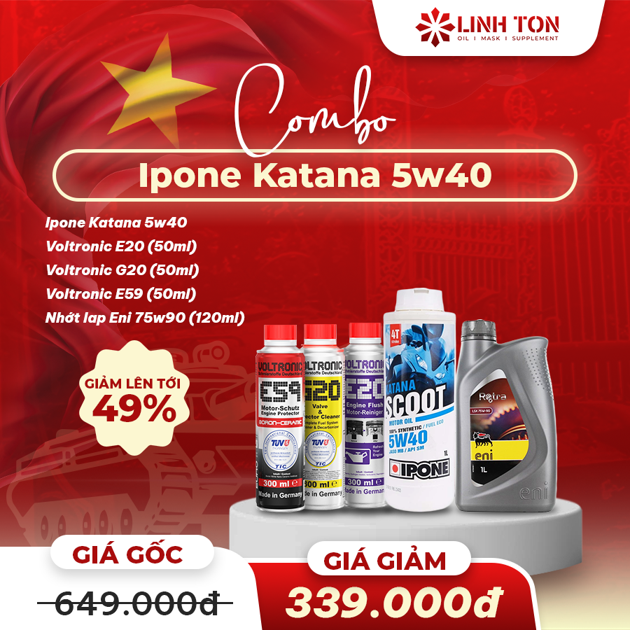 Combo nhớt xe tay ga Ipone Katana 5w40 nhập khẩu Pháp + phụ gia chăm sóc xe