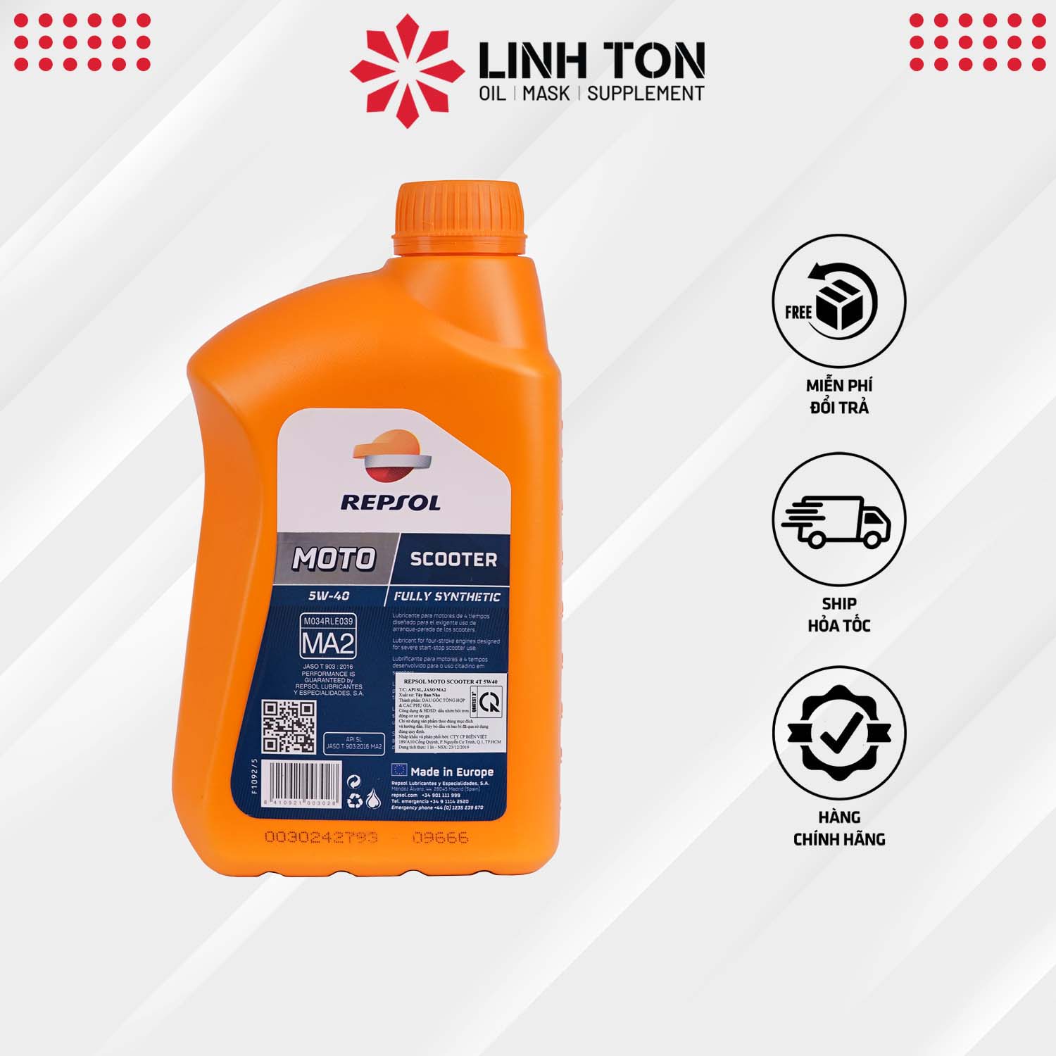 Nhớt tay ga Repsol Scooter 5w40 1L tổng hợp hoàn toàn