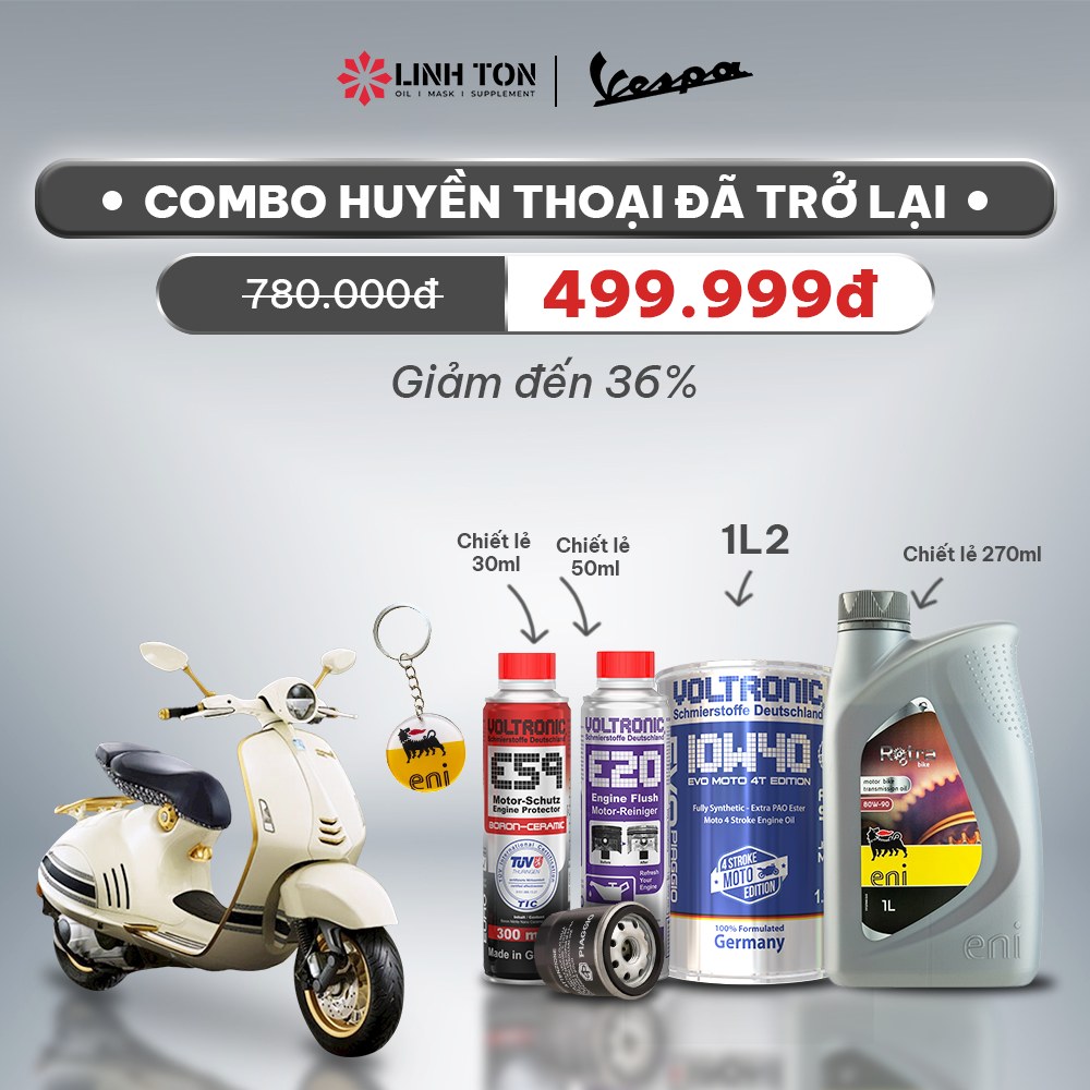 Combo nhớt Voltronic Evo Piaggio 4T Edition 10W40 và phụ gia chăm sóc xe dành riêng cho xe Vespa - Linh Tôn Store