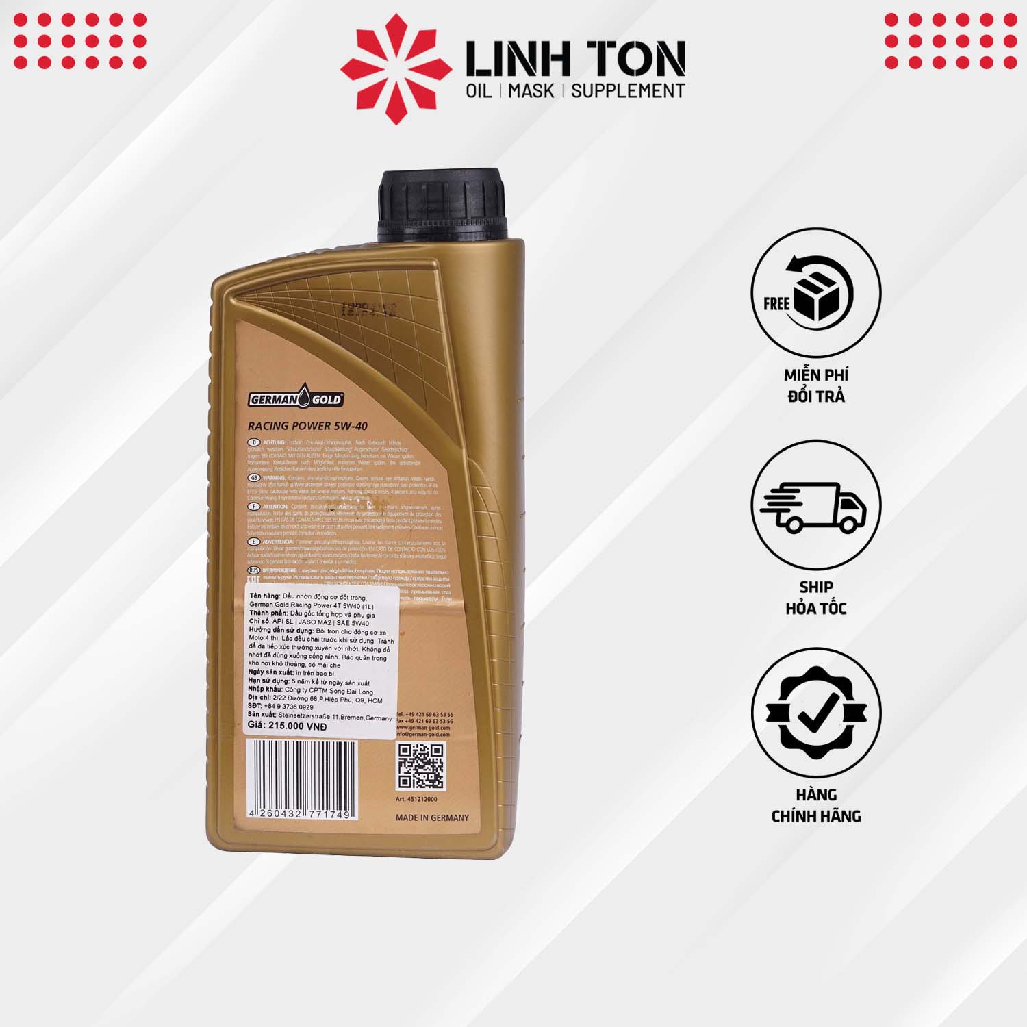 Nhớt tổng hợp German Gold Racing Power 5W40 nhập khẩu Đức