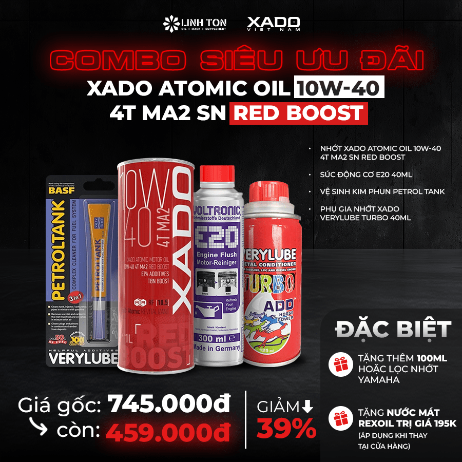 Combo dầu nhớt xe số/ côn tay XADO RED BOOST 10W40 4T MA2 1L và phụ gia