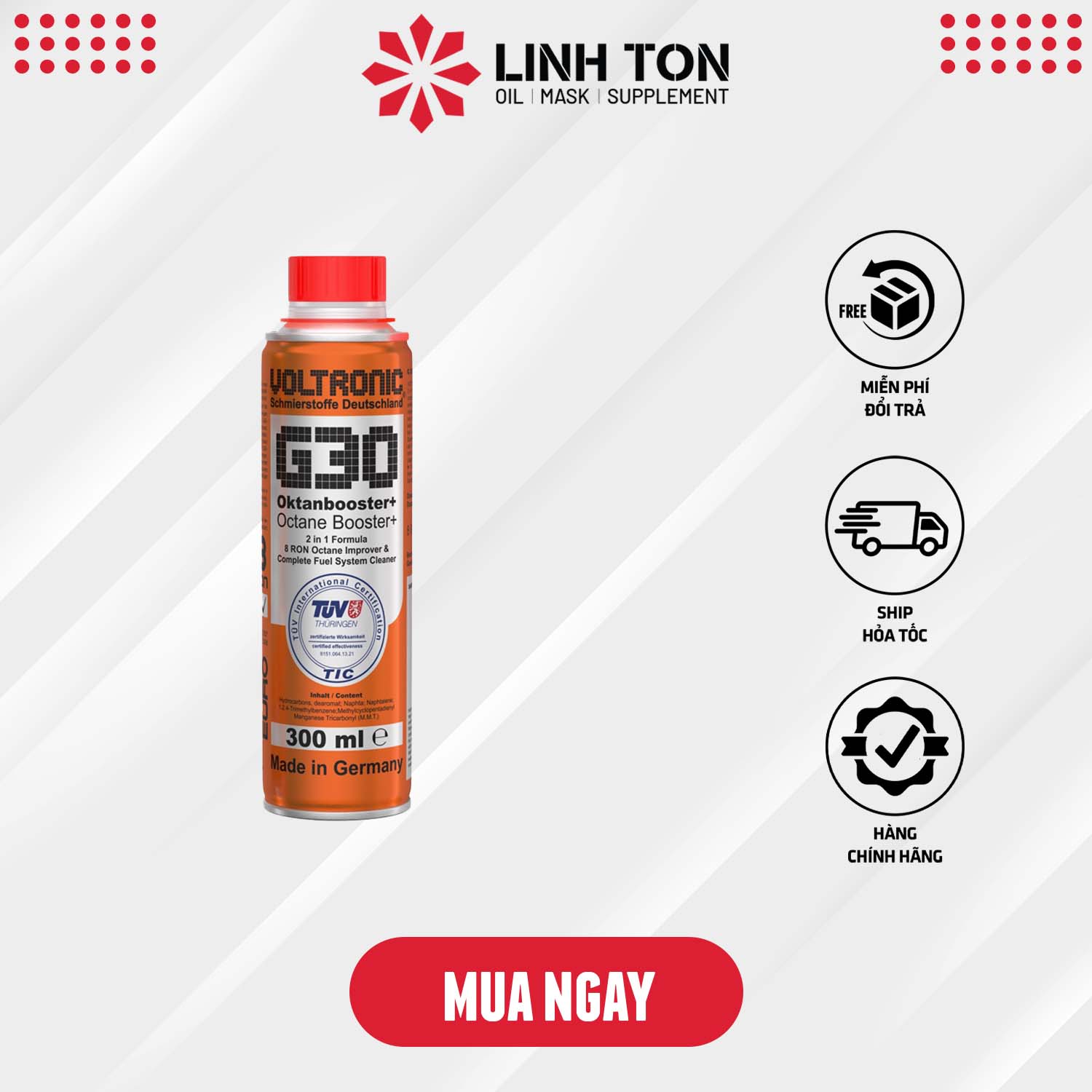 Phụ gia VOLTRONIC G30 Octane Booster+ vệ sinh hệ thống xăng và tăng octane nhập khẩu Đức