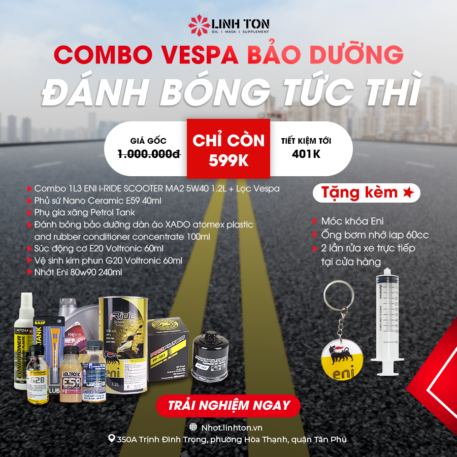 Combo nhớt Vespa Eni I-Ride Scooter 5W40 MA2 1.2L toàn diện, bảo dưỡng, đánh bóng tức thì