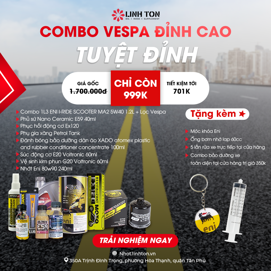 Combo nhớt Vespa Eni I-Ride Scooter 5W40 MA2 1.2L siêu cao cấp, bảo vệ xe tuyệt đỉnh