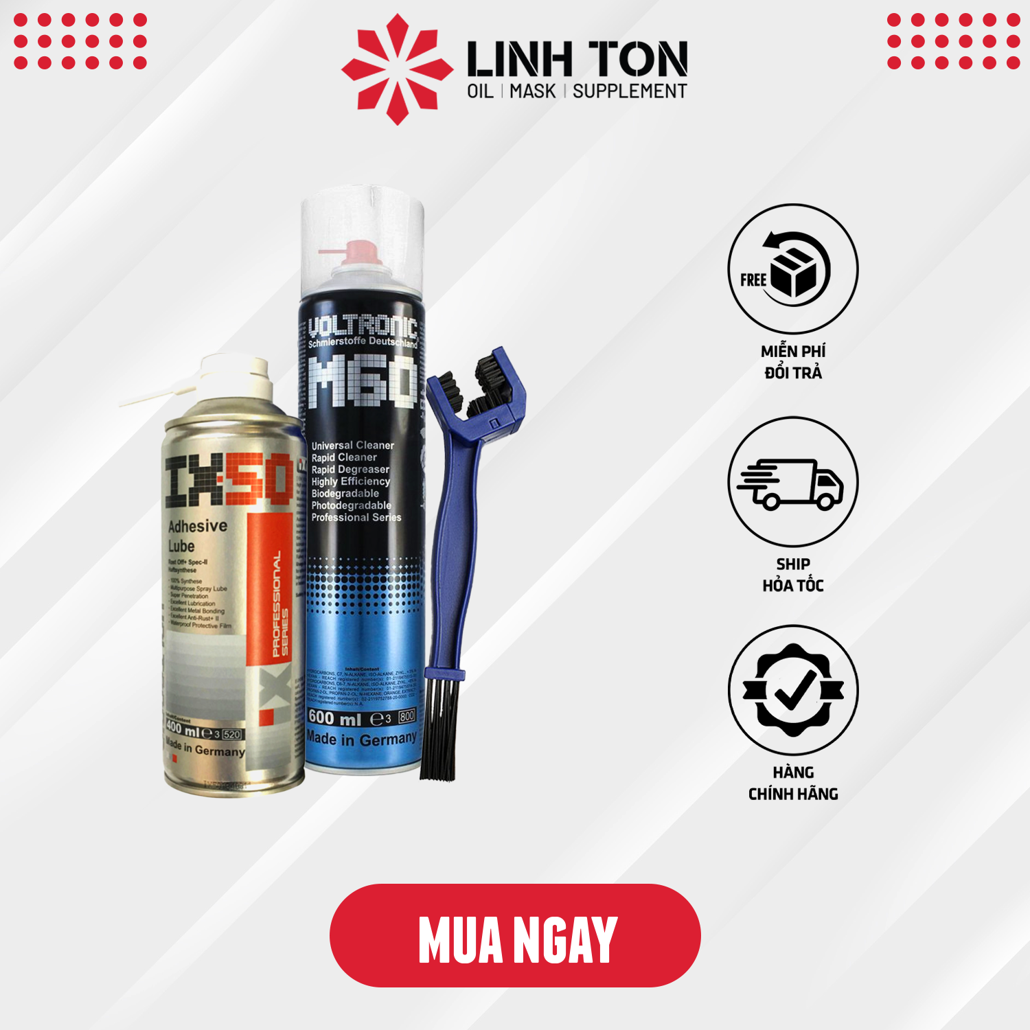Combo dưỡng sên VOLTRONIC m60+ ix50 400ml + bàn chải giúp vệ sinh bảo dưỡng sên nhập khẩu Đức