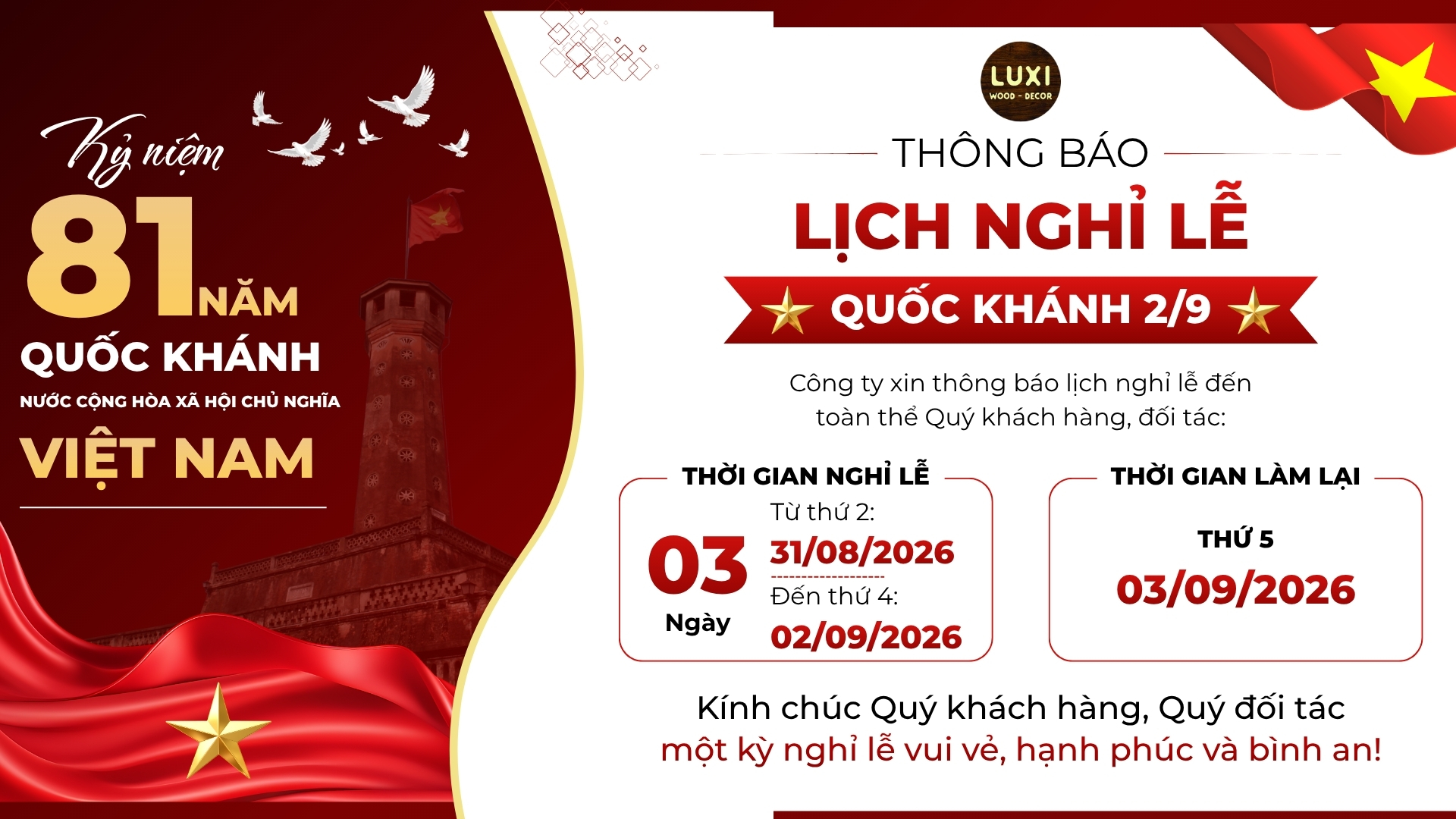 THÔNG BÁO LỊCH NGHỈ LỄ QUỐC KHÁNH 2/9/2026