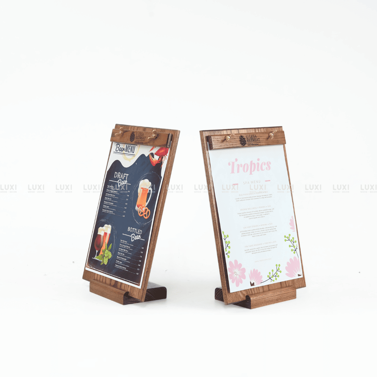 MENU GỖ SIZE A4 VÍT ĐỒNG CÓ ĐẾ GỖ SỒI DÀY 1,2CM - LUXI DECOR