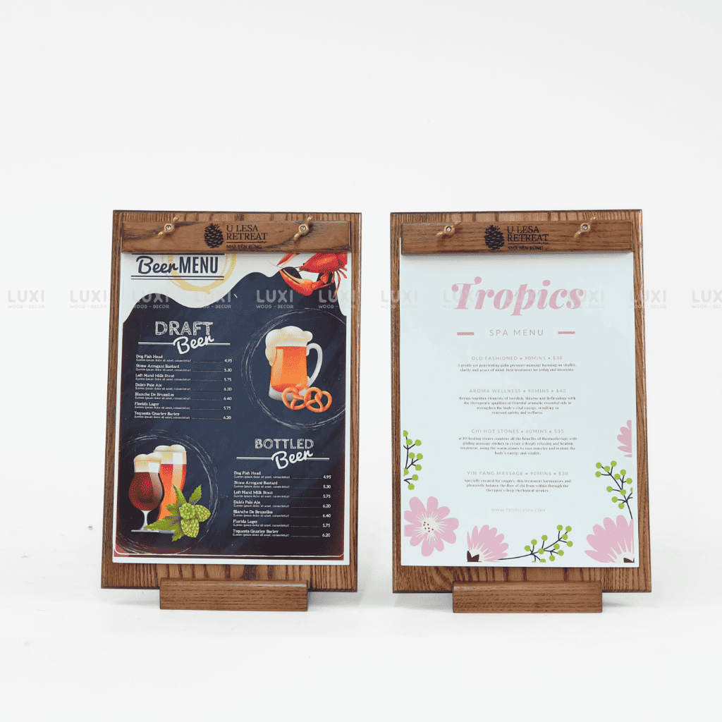 MENU GỖ SIZE A4 VÍT ĐỒNG CÓ ĐẾ GỖ SỒI DÀY 1,2CM - LUXI DECOR