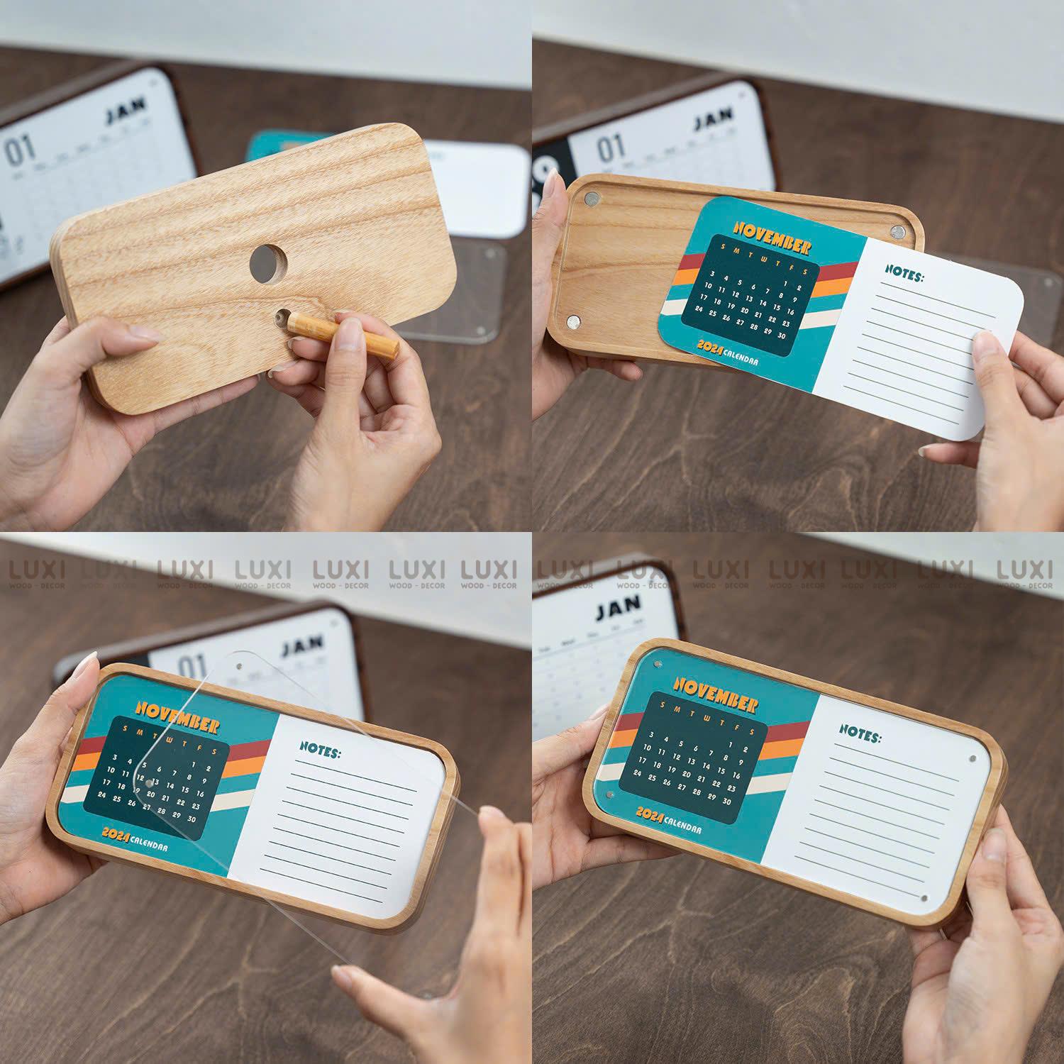 Bảng Quét Mã QR Để Bàn Khung Gỗ Sồi Nga Hút Nam Châm Kẹp Mica Chữ Nhật