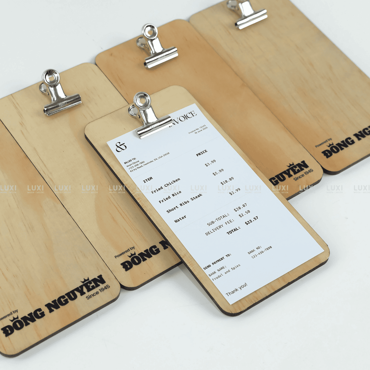KẸP BILL TÍNH TIỀN KHẮC TÊN THƯƠNG HIỆU - LUXI DECOR