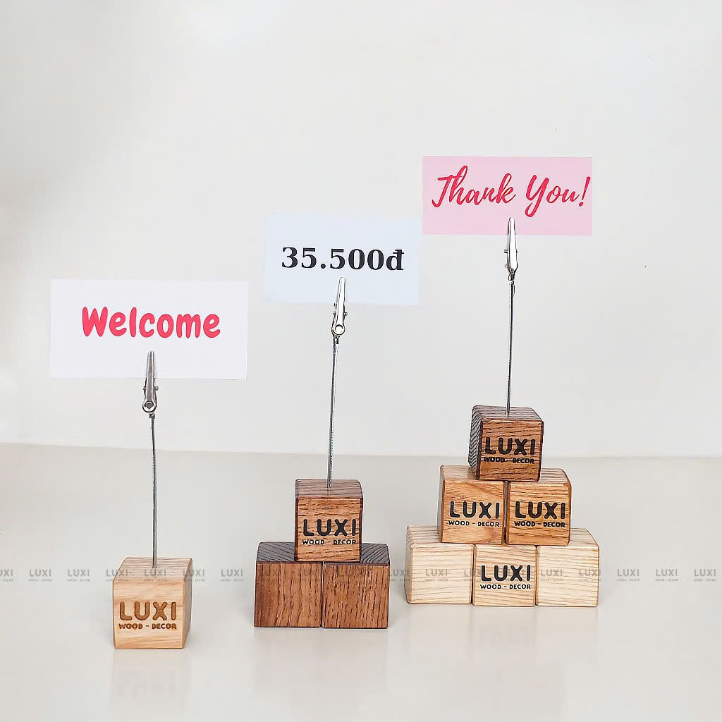 Đế Gỗ Kẹp Tên Bánh, Hình Ảnh, Tên Sản Phẩm - Có Khắc Logo - Luxi Decor
