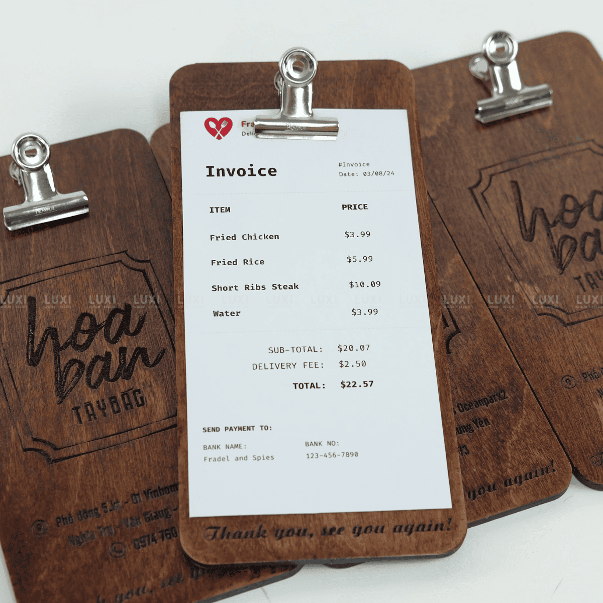 KẸP BILL TÍNH TIỀN KHẮC TÊN THƯƠNG HIỆU - LUXI DECOR